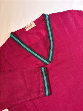 Fabindia Silk Blend A-Line Dress Women’s L Magenta Teal Navy Blue Trim Artisan